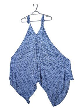Girl Fish Tie Shoulder Blue/White Wave Pattern Harem Legs Jumpsuit S-L